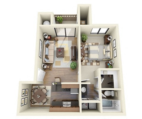 Floor plan for 1 bed, 1 bath, 709 sqft